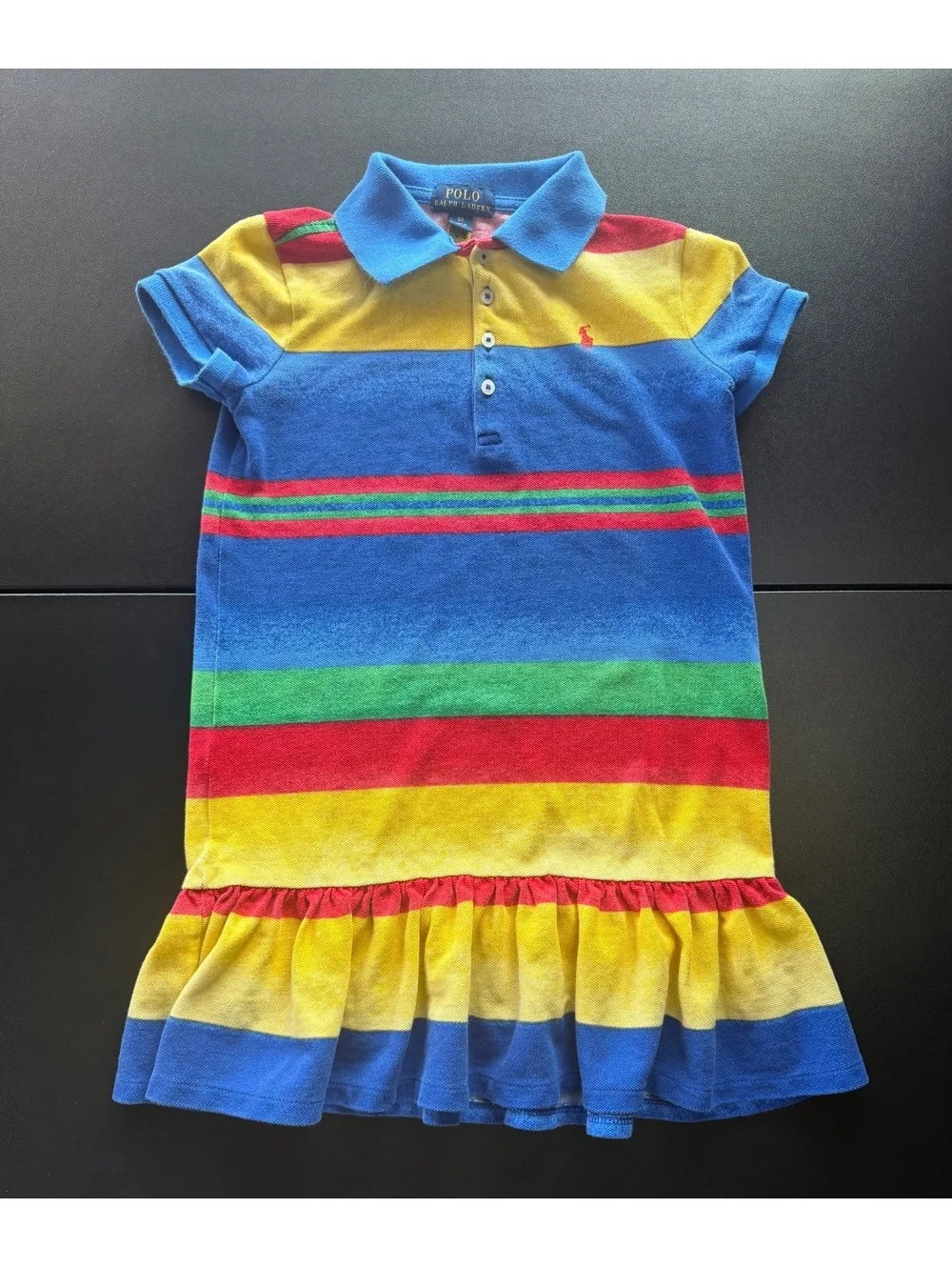 Polo Ralph Lauren Girls 6X Striped Polo Dress Ruffle Hem Colorblock Pony